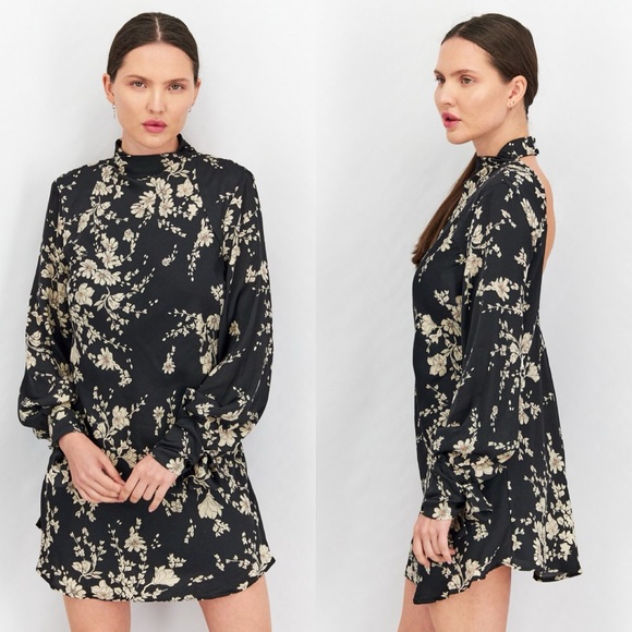 Free People Women Flounce Sleeve High Neck Mini Dress Black Floral Bareback S - Picture 2 of 10